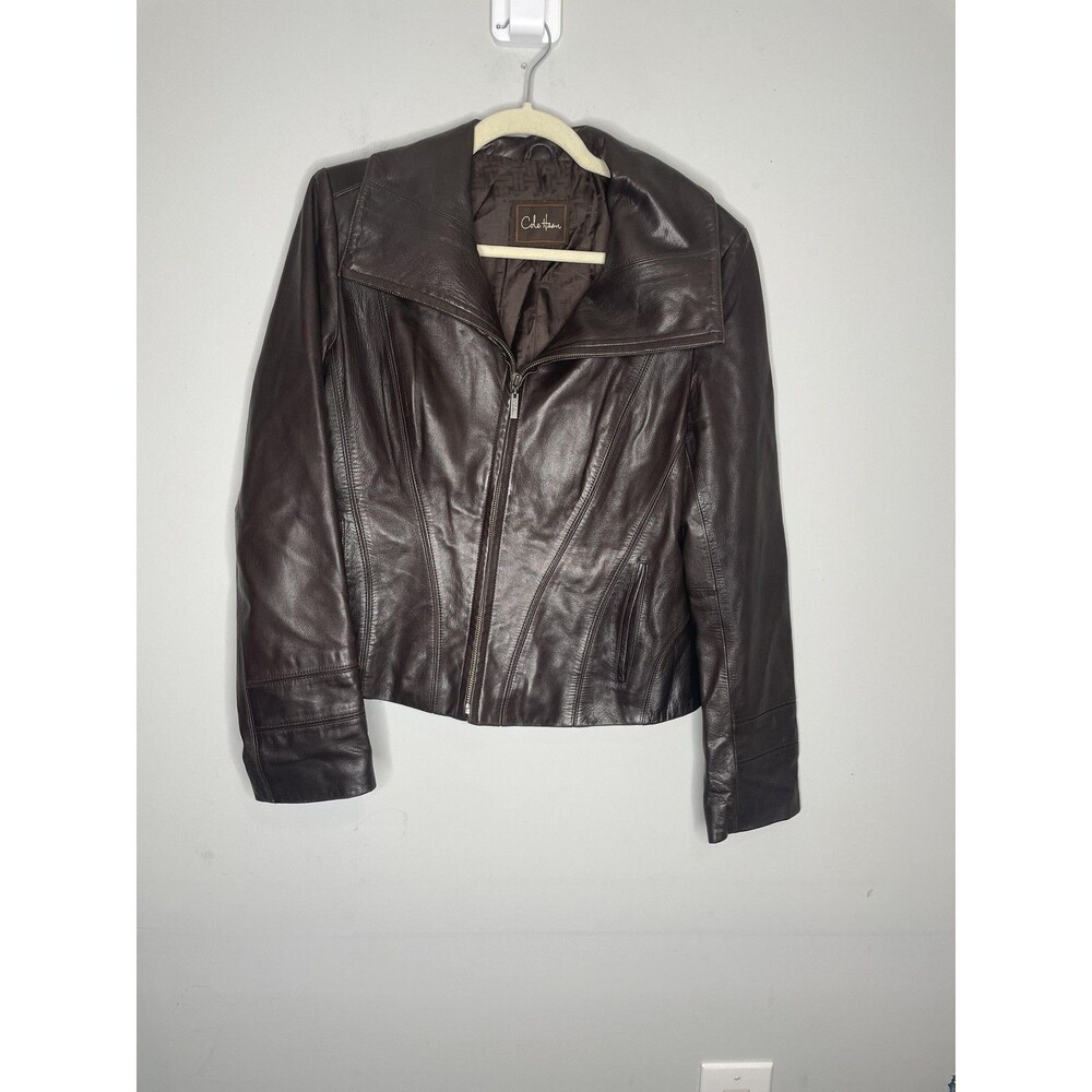Cole Haan Jacket Womens 8 Brown Lambskin Leather Zip Front Fitted Moto Coat